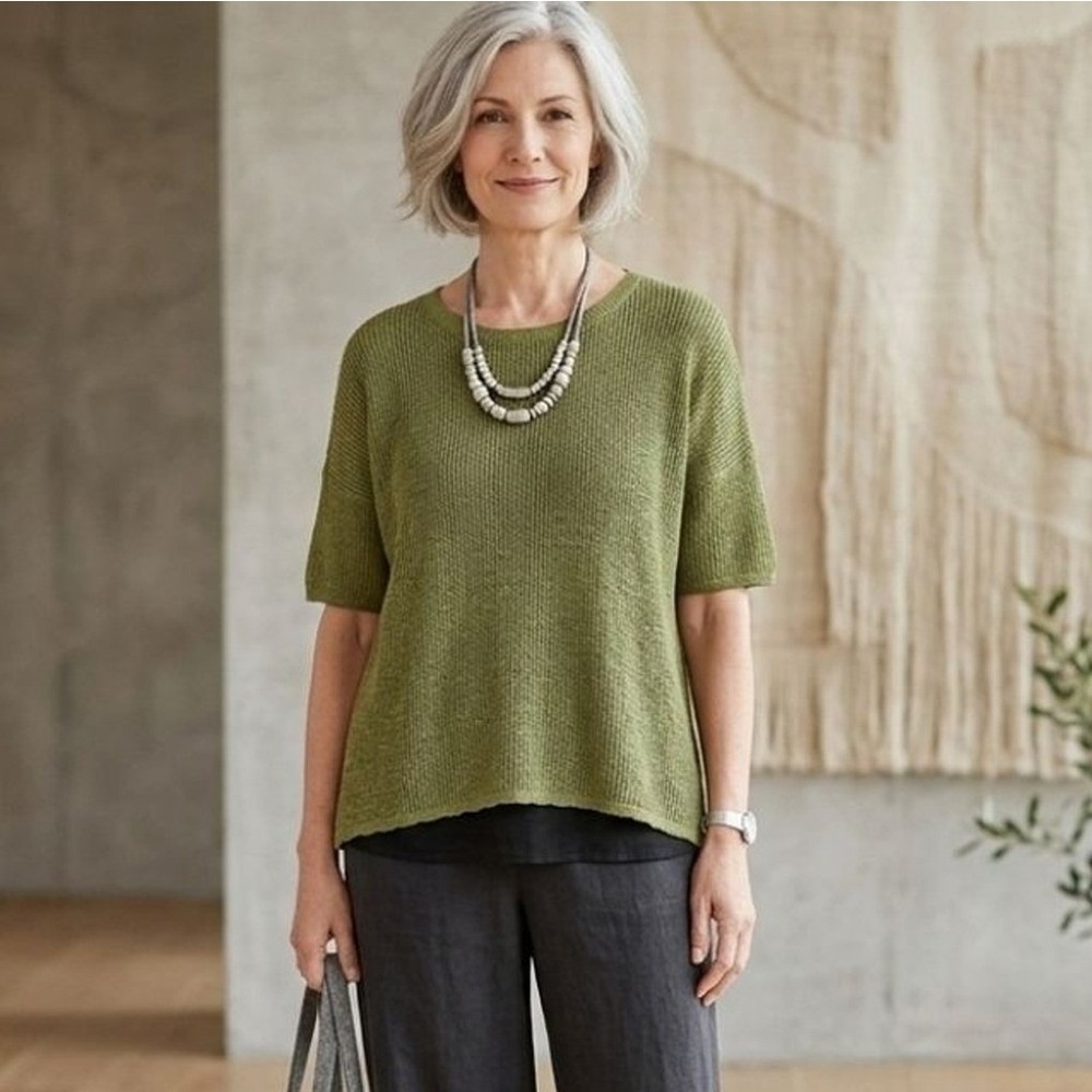 EILEEN FISHER Organic Linen Cotton Open Weave Knit Boxy Sweater Moss Green Small